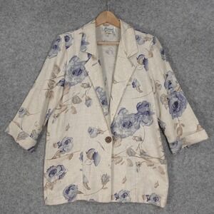 70s VINTAGE Linen Blazer Women S Ecru Blue Ditsy Summer Light French JOANNA USA‎